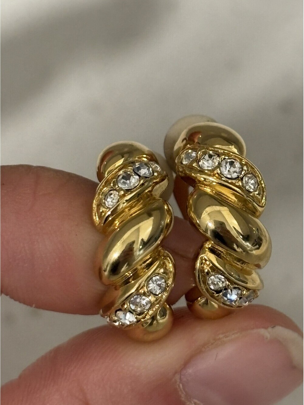 Joan Rivers Classics Crystal Gold Tone Clip-on Earrings Signed Twisted Rope